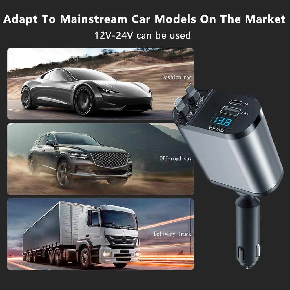 Retractable Car Charger 4 in 1 Fast Car Phone Charger 120W With Lightning and Type C Cable