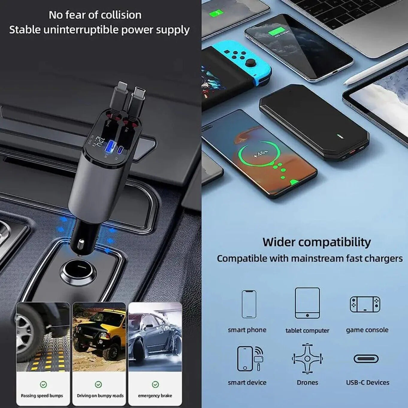 Retractable Car Charger 4 in 1 Fast Car Phone Charger 120W With Lightning and Type C Cable