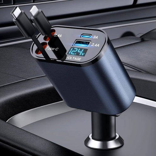 Retractable Car Charger 4 in 1 Fast Car Phone Charger 120W With Lightning and Type C Cable