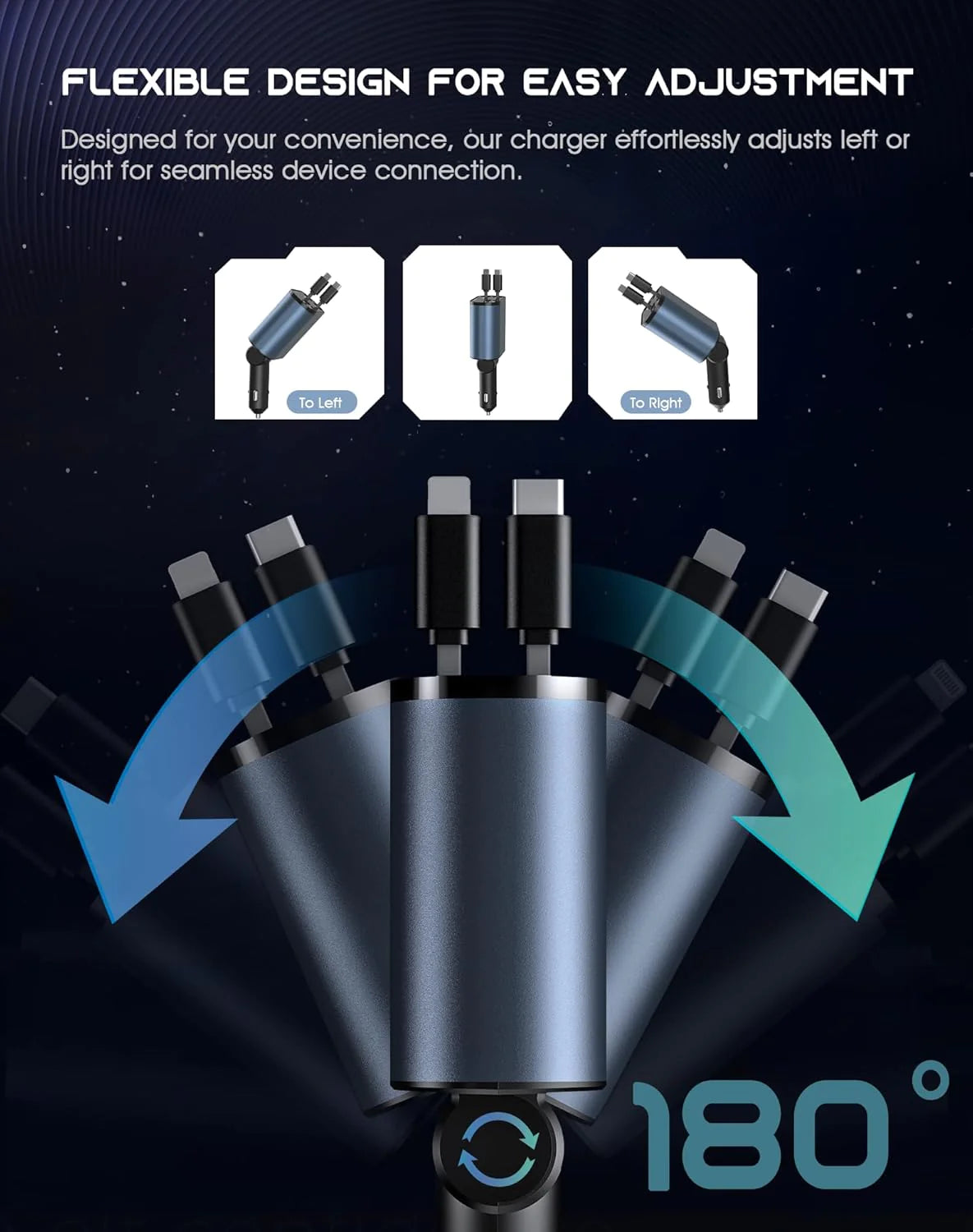 Retractable Car Charger 4 in 1 Fast Car Phone Charger 120W With Lightning and Type C Cable