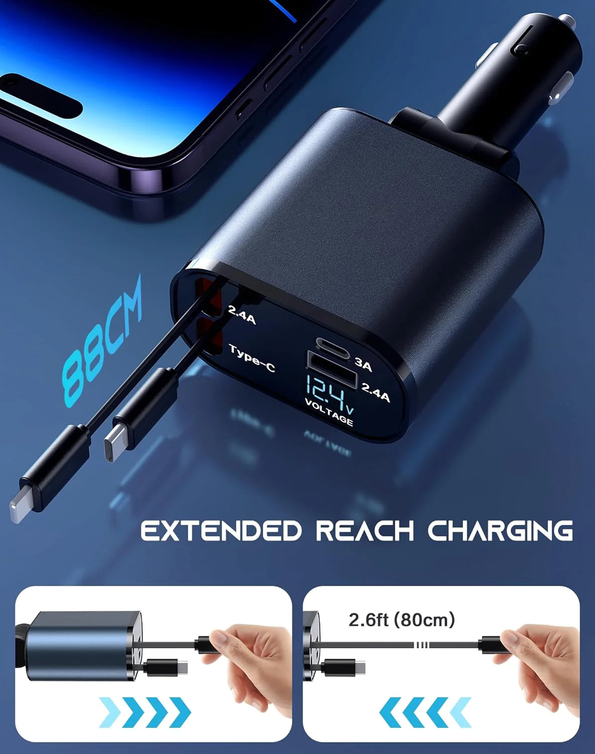 Retractable Car Charger 4 in 1 Fast Car Phone Charger 120W With Lightning and Type C Cable