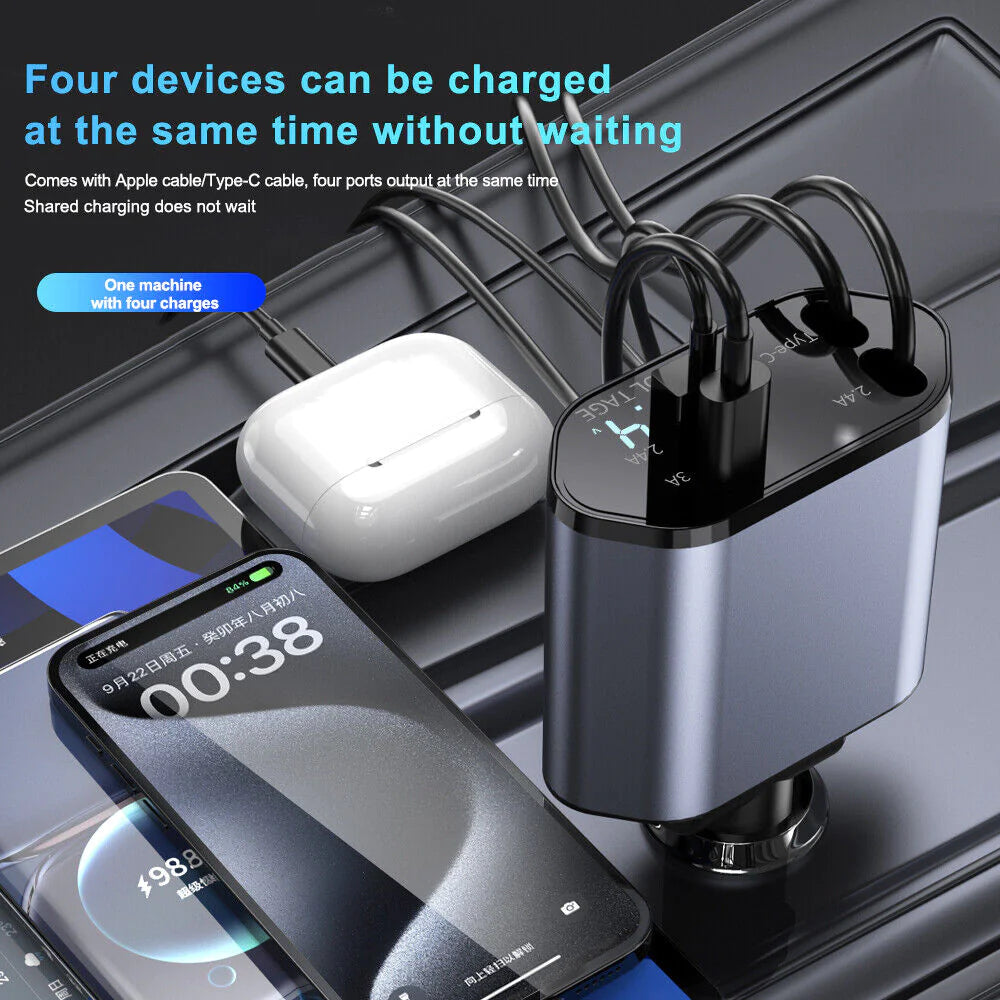 Retractable Car Charger 4 in 1 Fast Car Phone Charger 120W With Lightning and Type C Cable