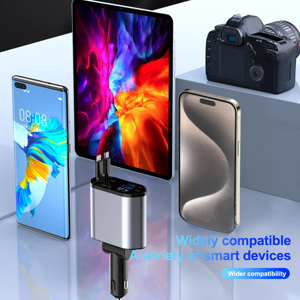 Retractable Car Charger 4 in 1 Fast Car Phone Charger 120W With Lightning and Type C Cable