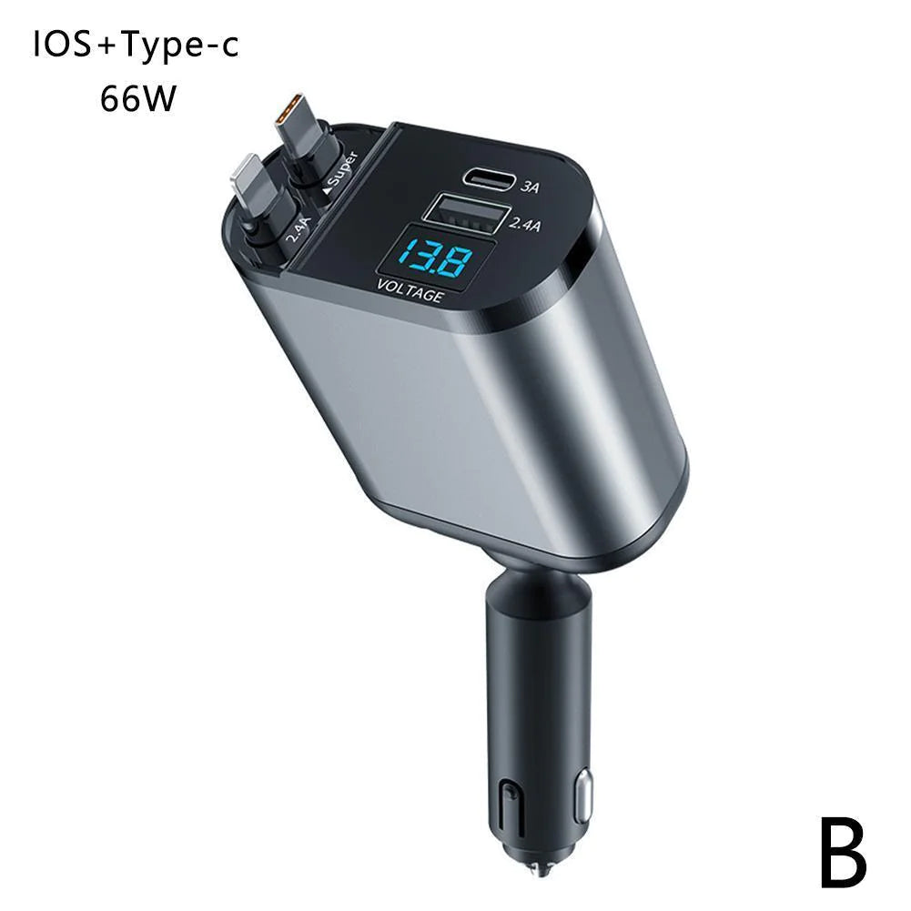 Retractable Car Charger 4 in 1 Fast Car Phone Charger 120W With Lightning and Type C Cable