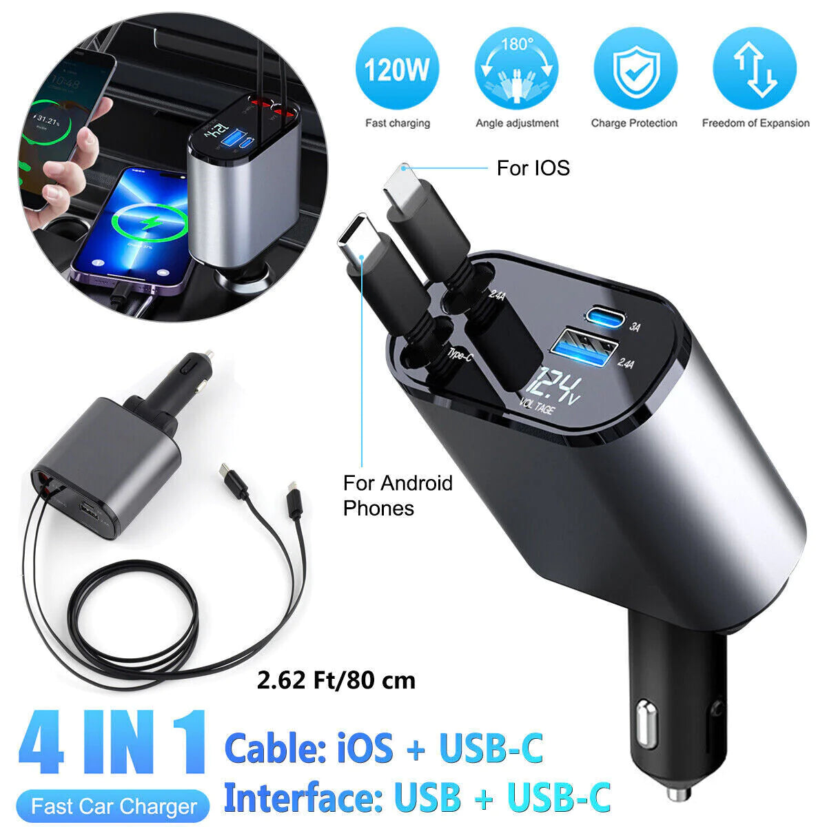 Retractable Car Charger 4 in 1 Fast Car Phone Charger 120W With Lightning and Type C Cable