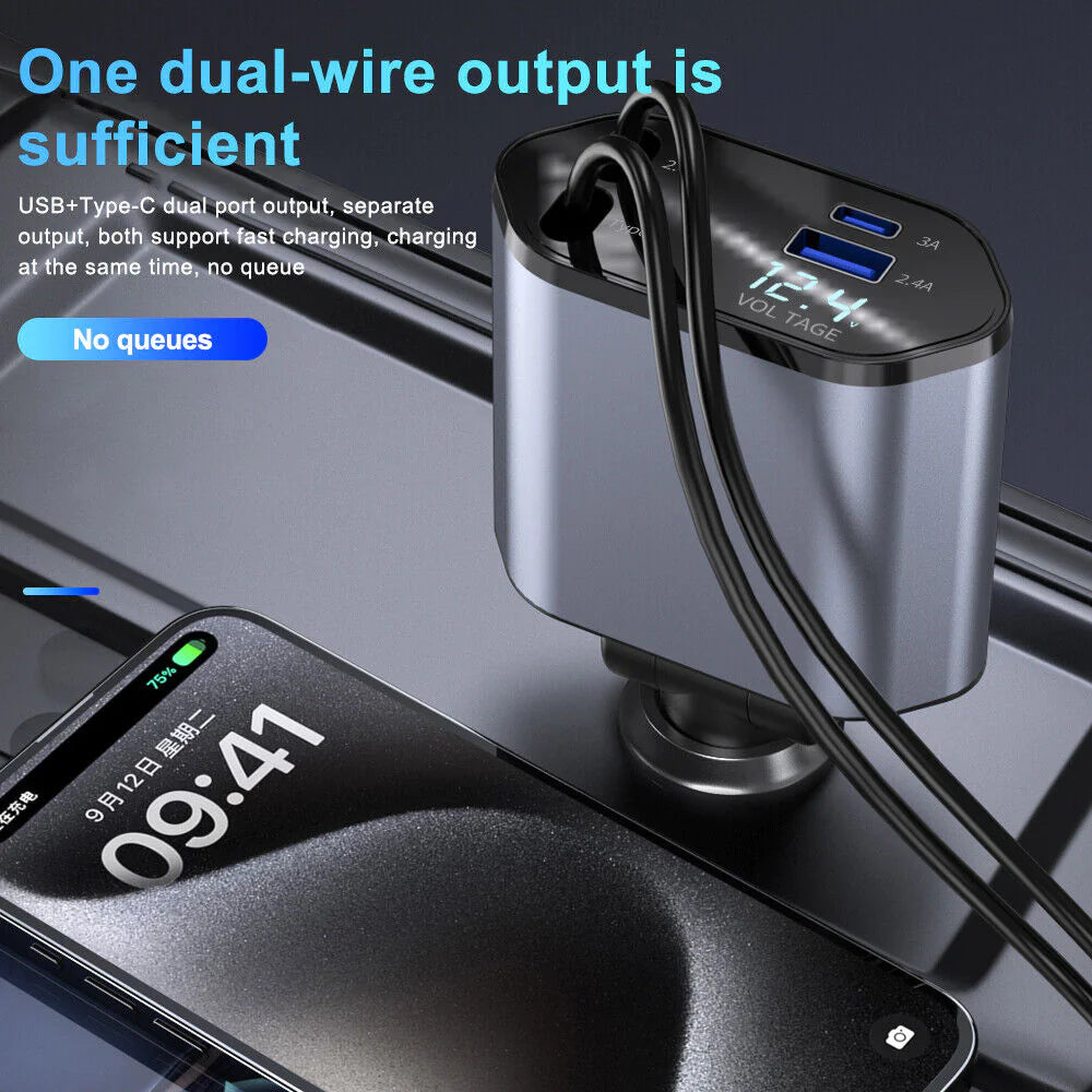 Retractable Car Charger 4 in 1 Fast Car Phone Charger 120W With Lightning and Type C Cable