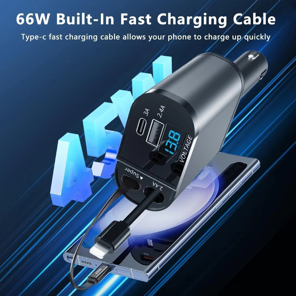 Retractable Car Charger 4 in 1 Fast Car Phone Charger 120W With Lightning and Type C Cable
