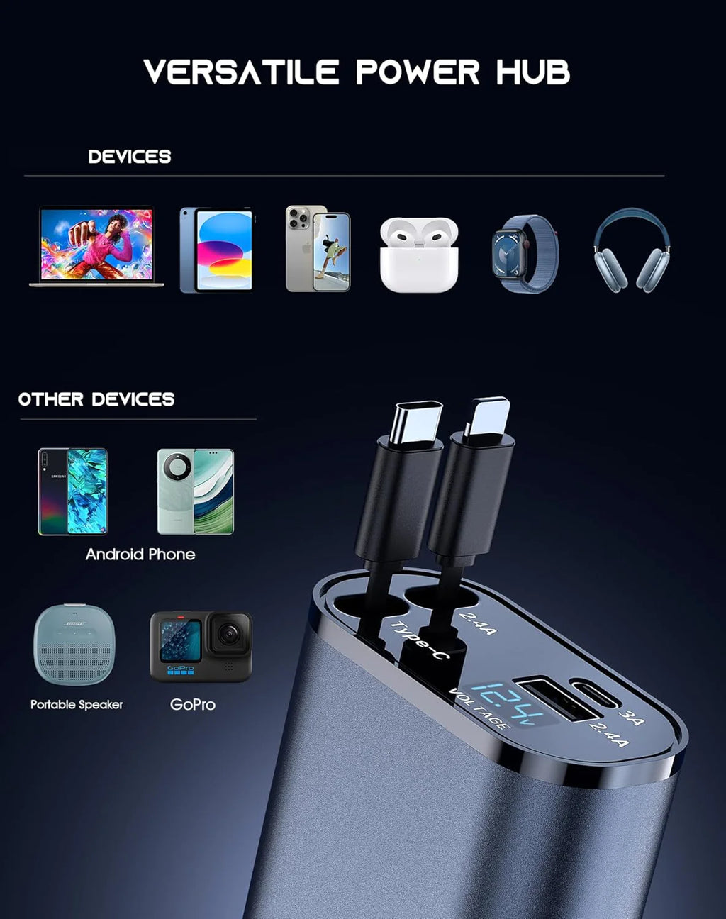 Retractable Car Charger 4 in 1 Fast Car Phone Charger 120W With Lightning and Type C Cable