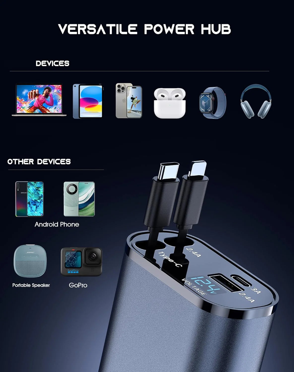 Retractable Car Charger 4 in 1 Fast Car Phone Charger 120W With Lightning and Type C Cable