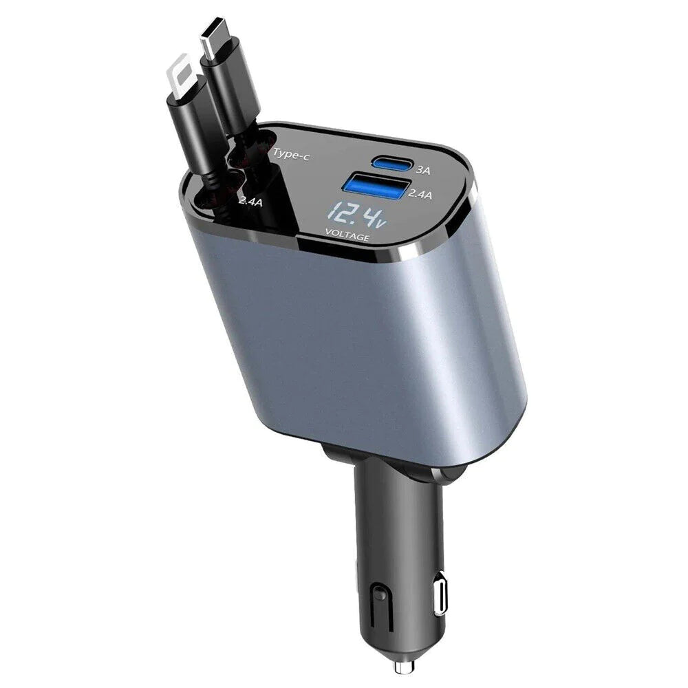 Retractable Car Charger 4 in 1 Fast Car Phone Charger 120W With Lightning and Type C Cable