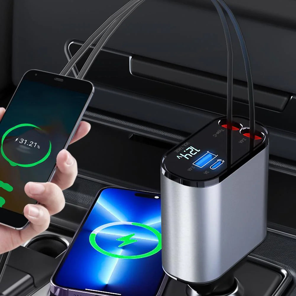 Retractable Car Charger 4 in 1 Fast Car Phone Charger 120W With Lightning and Type C Cable