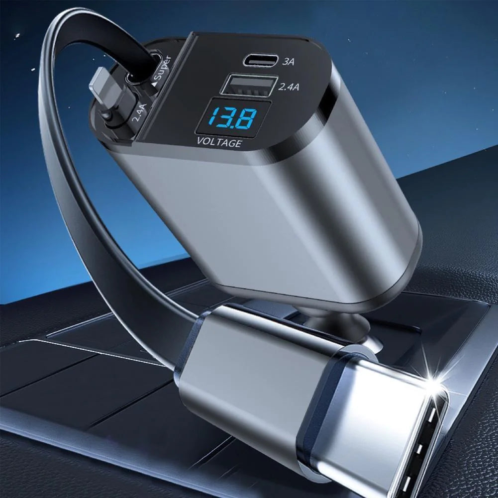 Retractable Car Charger 4 in 1 Fast Car Phone Charger 120W With Lightning and Type C Cable