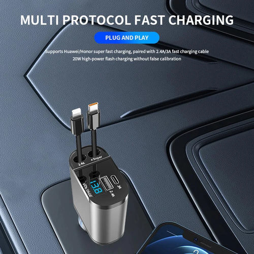 Retractable Car Charger 4 in 1 Fast Car Phone Charger 120W With Lightning and Type C Cable