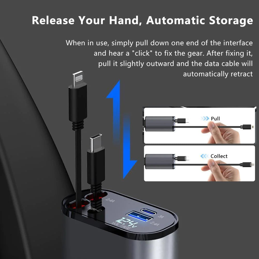 Retractable Car Charger 4 in 1 Fast Car Phone Charger 120W With Lightning and Type C Cable